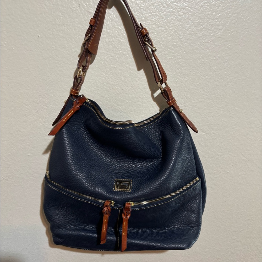 Dooney & Bourke Navy Pebbled Leather Hobo with Brown Trim and Gold Hardware